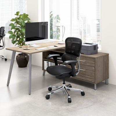 Workpro Motiva 60"w Modern Corner Desk With Drawers And Shelves, Modern Hickory, Standard Delivery