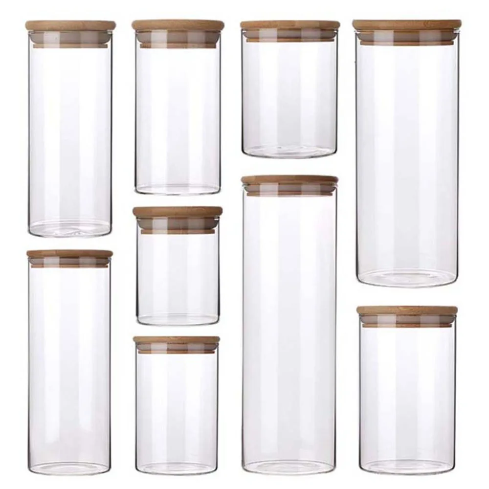 4/8 pz 250 ml 500 ml 1000 ml Barattolo di Vetro con Coperchio di Bambù Barattolo di Stoccaggio Trasparente Sigillo Pentola Vuoto Ermetico Contenitore di Caramelle Contenitore di Alimenti