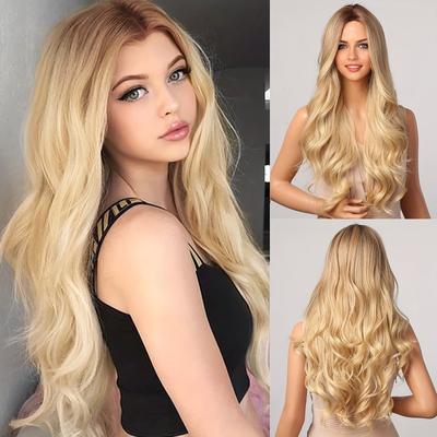TEMU Elegant Long Blonde Wig For Women - Natural-looking Synthetic Hair With Middle Part, & Parties Image