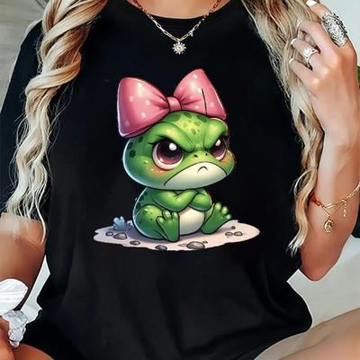 TEMU Plus Size Women's Casual Crew Neck T-shirt With Cute Cartoon Frog Print, Polyester Blend, Short Sleeves, Stretch Knit Fabric, Animal Pattern, Pullover Style For Spring/summer/fall Image