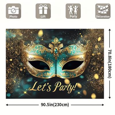"TEMU 1pc Retro Green Venetian- Mardi Gras Party Backdrop - " Party!" Golden & Teal Design, No Electricity Needed, Carnival Costume Decorations & Celebrations" Image