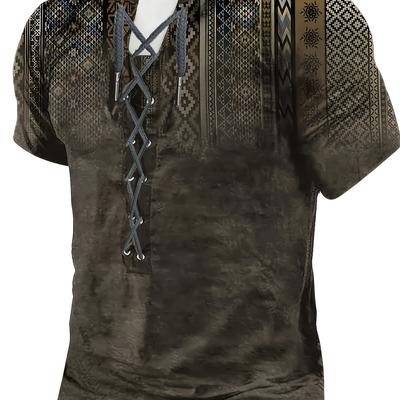 TEMU Men's Vintage Geometric Short Sleeve Crew Neck Henley Shirt With Drawstring Detail - Polyester Blend, Earthy Tones, Machine Washable, Image