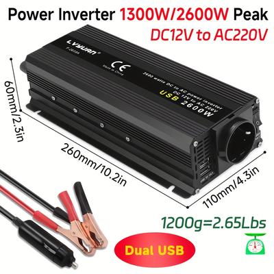 TEMU Lvyuan Pure Sine Inverter 1300w/2600w/3000w/6000w 12v To 230v/240v Ac, With 3 Uk Sockets, Large Lcd Display, Usb Port, Remote Control, Suitable For Rvs, Vehicles And Outdoor Camping Image