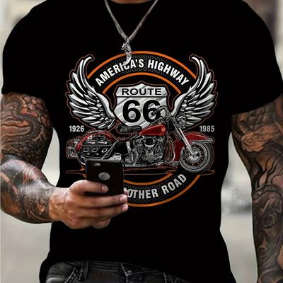 TEMU 3d Motorcycle Print Men's Block Short Sleeve Crew Neck T-shirt, Summer Outdoor Cotton Printed Shirts Image
