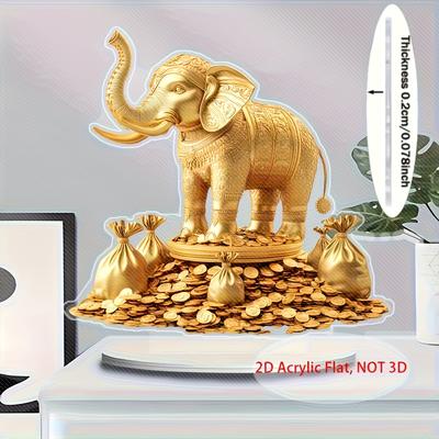 TEMU 2d Flat, Golden Elephant 2d Acrylic Desktop Decor With Base - Symbol Design, Realistic & Detail - , Office, Garden Accent - Holidays, Easter, And Gift-, Elephant Decor Image