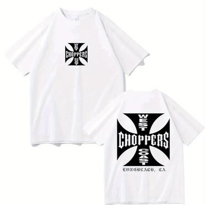TEMU Men's West Motorcycle Graphic T-shirt, 100% Cotton, Double-sided Print, Regular Fit, Short Sleeve, Loose Oversized Design, Black With White Graphics, Casual Streetwear Style Image