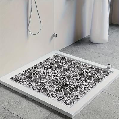 TEMU 1pc Elegant Black & White Geometric Pattern Pvc Bathroom Mat - Non-slip, Cuttable, Textured Surface For Grip, Shower & Decor, Bathroom Mat|decorative Bathroom Mat|pvc Construction, Bathroom Decor Image