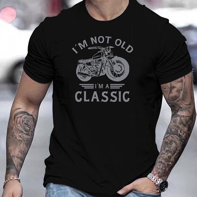 "TEMU Motorcycle Graphic Cotton T-shirt- " Old I'm " Print, Round Neck, Short Sleeve, Casual Summer Tee, 100% Cotton, Relaxed Fit, Vibrant Yellow With Grey Graphic" Image
