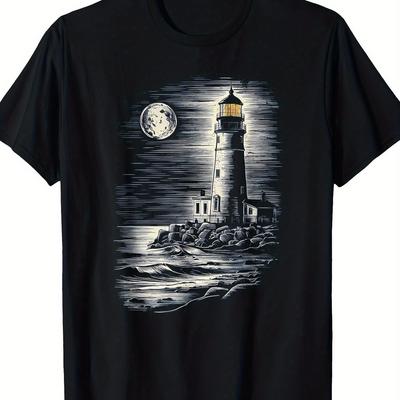 TEMU Men's Lighthouse Graphic T-shirt - 100% Cotton, Short Sleeve, Casual Nautical Design With Lighthouse Print, Black, Round Neck, Machine Washable, Comfortable Clothing | Maritime Theme | Durable Image
