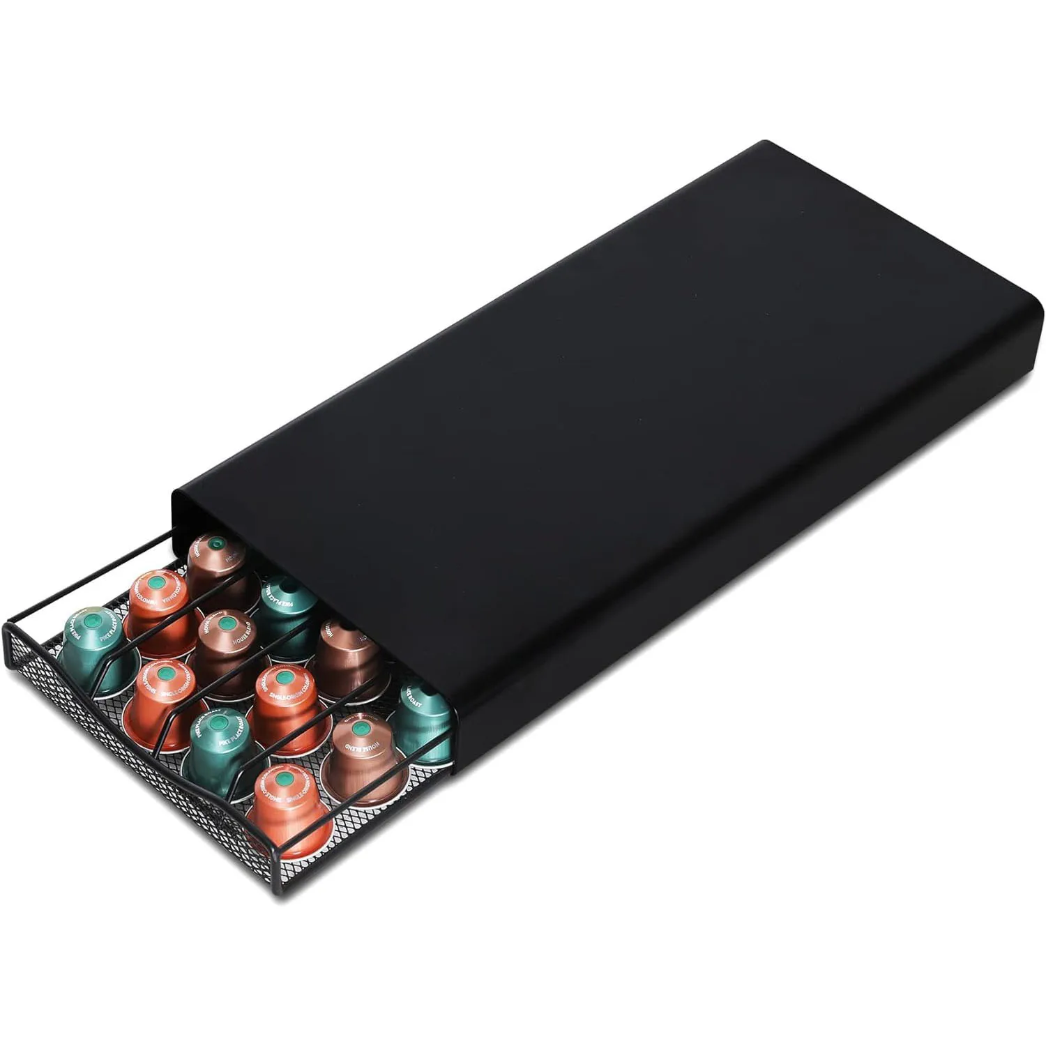 Coffee pod holder storage organiser, 40 capacity pods, metal coffee station for Nespresso capsules, home office counter, black