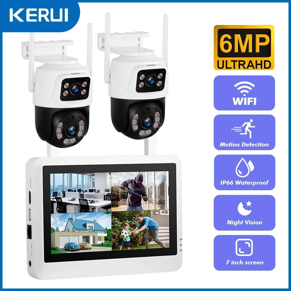 KERUI Drahtlose 6MP WIFI Dual Lens IP Kamera 8CH NVR Home Security System Überwachung Kit 7 zoll LCD Bildschirm Video Recorder Image