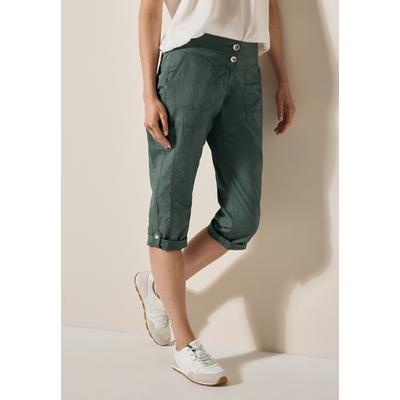 Caprihose CECIL "Style New York", Damen, Gr. 33, N-Gr, balmy khaki, Web, Obermaterial: 98% Baumwolle, 2% Elasthan, unifarben, casual, normal kniebedeckend, Hosen, mit Knopfdetails am Bund, Topseller Image