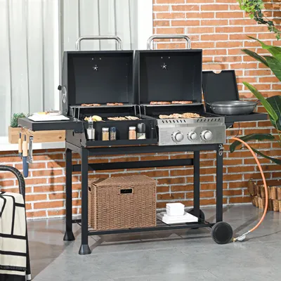 Outsunny Dual Fuel BBQ Grill, Charcoal and 2+1 Gas Burner Grill with Wheels, Warming Rack, Shelves,