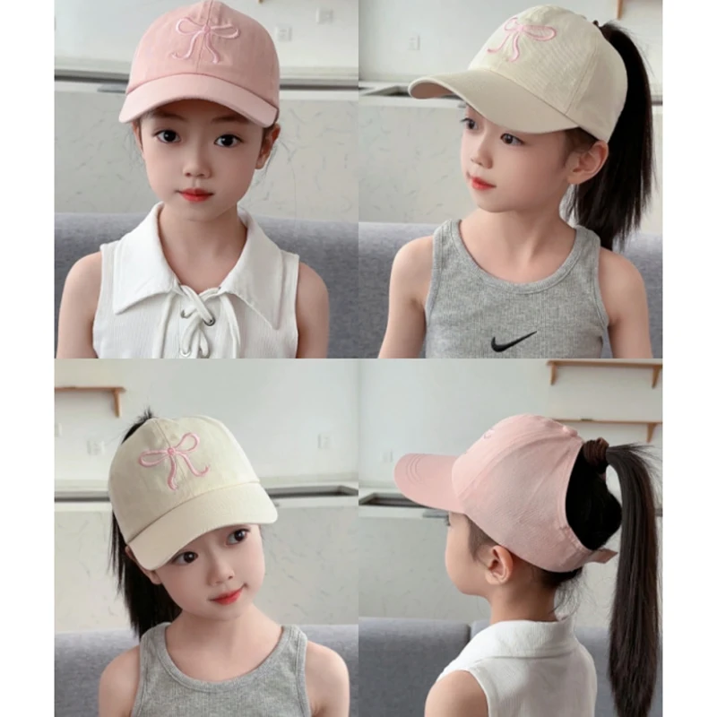 Nette Bowknot Kinder Baseball Kappe Sommer Im Freien Mädchen Pferdeschwanz Sonnenhüte Leere Top Kleinkind Kinder Ente Zunge Kappen ﻿ Image