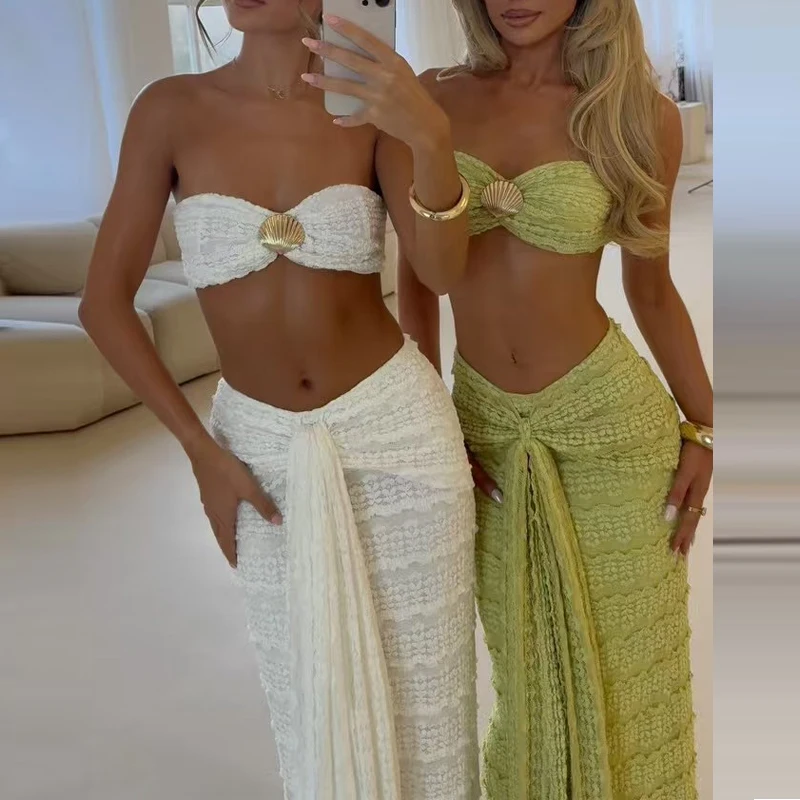 Sexy Solide Aushöhlen Badeanzüge Outfits Casual Strand Urlaub Badeanzug Set Sommer Spitze Jacquard Bh & Halb Röcke Bikini Sets Image