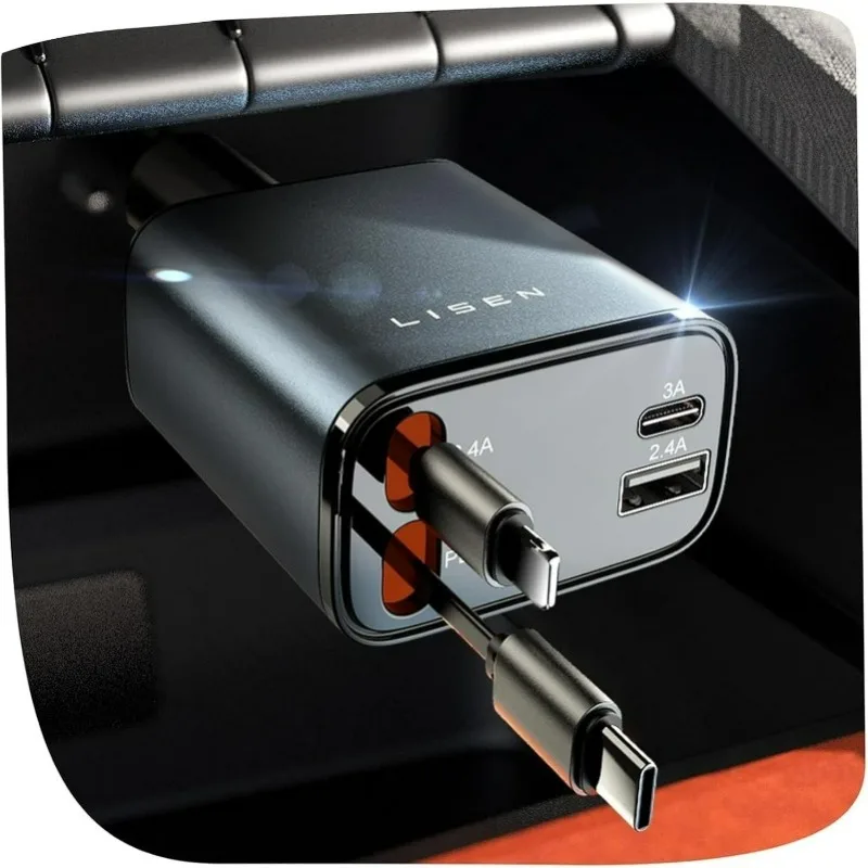 Einziehbares Autoladegerät, Autoladegerät-Adapter, 120 W, Schnellladung, USB Typ C, Schnellladekabel mit einziehbaren Kabeln, QC-Adapter Image