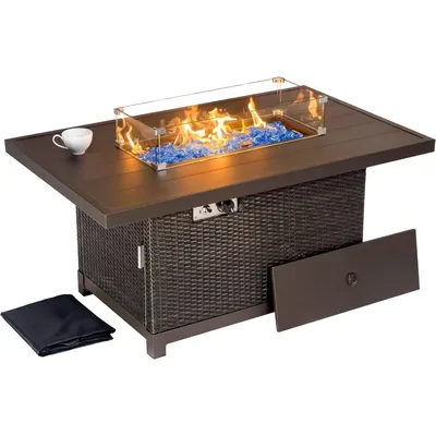 52 Inch Propane Pit Table, Outdoor Terrace Fireplace, Rectangular, Aluminum Tabletop, Rattan,