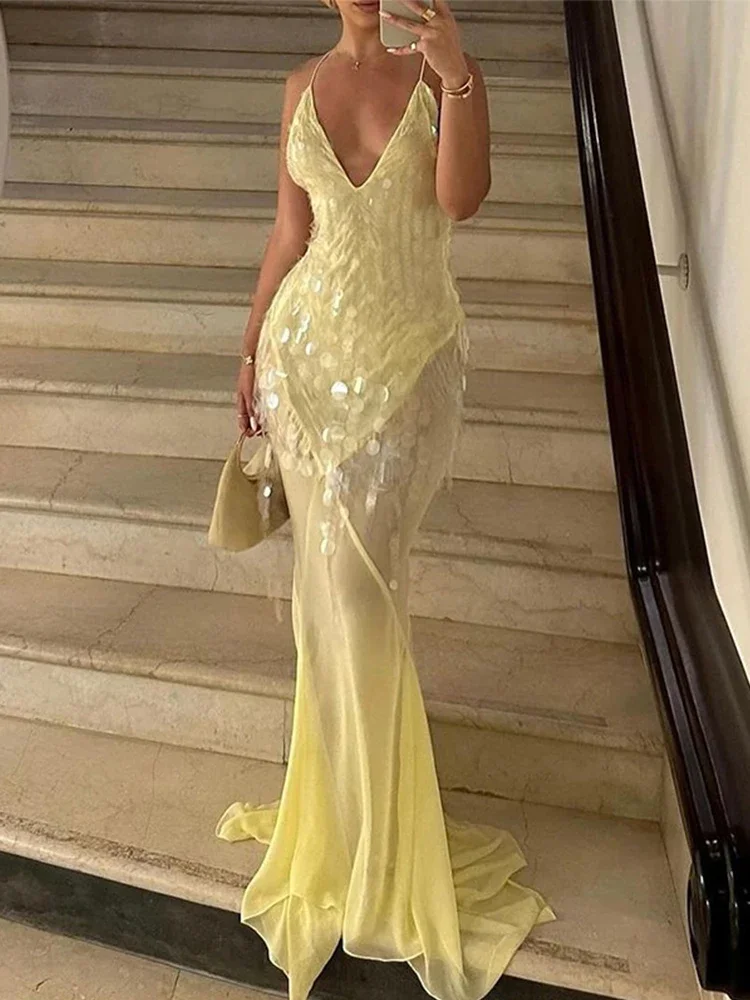 Abito Lungo da Donna Sexy con Paillettes e Schiena Scoperta, Scollo a V, Spalline Sottili, Vita Alta, Vestito Lungo Elegante 2025 Nuovo Chic per Feste ed Eventi Serale