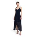 Abendkleid VERA MONT "Vera Mont Abendkleid mit Volant", Damen, Gr. 42, Normalgrößen, blau (night sky), Chiffon, Obermaterial: 100% Polyester. Futter: 100% Polyester., elegant, A-Linie lang, U-Boot-Ausschnitt, Kleider, Wickel-Design