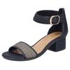 Sandalette RIEKER, Damen, Gr. 42, schwarz (schwarz, natur), Lederimitat, Textil, Flechtoptik, elegant, Schuhe, Sommerschuh, Sandale, Blockabsatz, mit Zierschließe am Klettriemchen