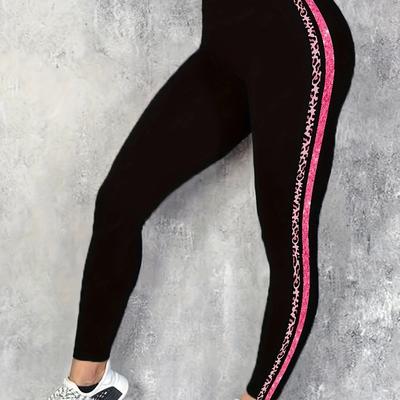 TEMU Women's High-waist Stretchy Leggings With Striped Print - Casual, Breathable Polyester , Machine Washable Image