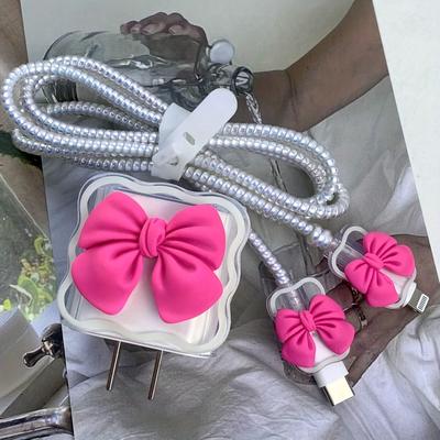 TEMU 5pcs Pink Bow Data Cable Protector Suitable For 18w/20w Charging Head Cover Set Image