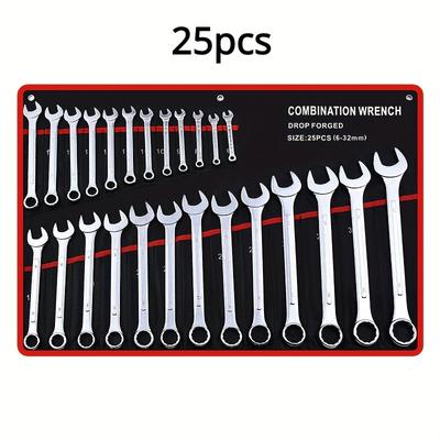 TEMU Chrome Vanadium Steel Combination Wrench Set - 14-piece/25-piece Spanner Kit, Double-ended For Automotive Repair & Home Diy, Durable Metal Hand Tools Image