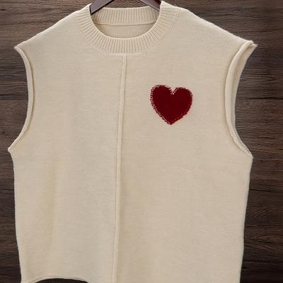 TEMU Heart Pattern Crew Neck Pullovers Vest, Polyester, Stretch, Frill, Loose Fit, No Belt, With Knit Fabric For Image