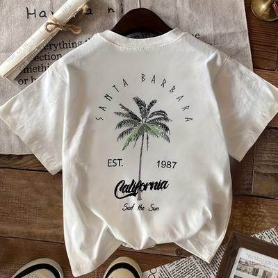 TEMU Women's Casual Crew Neck T-shirt, California Geometric Pattern, Summer Knit Fabric Top, 95% Polyester 5% Elastane, Regular Length - 180gsm Image