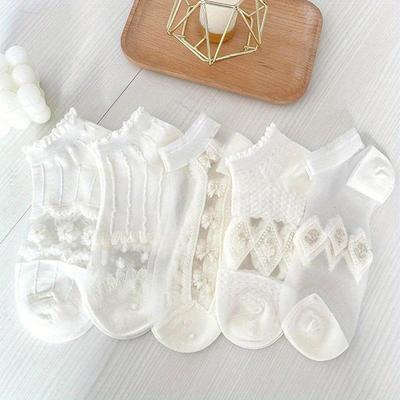 TEMU 5 Pairs/lot Socks Women's Summer Transparent Short White Low Tube Set Cute Print Ankle Foot Cover Fashion New Kawaii Image