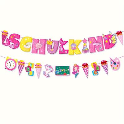 TEMU 1 Set, German School Opening Classroom Flag Banner Decoration, Back-to-school Pink Classroom Decoration, Cardboard Printed Banner Decoration Image