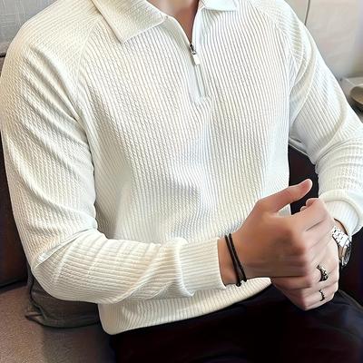 TEMU Men's High-elasticity Long Sleeve Shirt - Casual Striped Autumn/winter Wear, 100% Polyester, Machine Washable With Quarter-zip Collar And Ribbed Texture Detail Image
