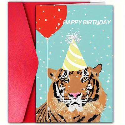 TEMU 1pc Fun Tiger Illustration Happy Birthday Greeting Card With Envelope, Premium Paper, Universal Birthday Wishes For Men, Women, Family, - 4.7x7.1 Inch Celebration Card For Any Recipient Image