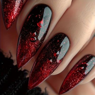 TEMU 24pcs Almond-shaped Long-style Fashionable Gradient Nude Red Minimalist Versatile Set Suitable For All S And Women, Includes Nail Buffer And Jelly Glue Stickers In The Box Image