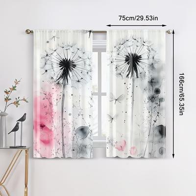 TEMU 2pcs Blackout Window Curtains, Dandelion And Dragonfly Print, Rod , Machine Washable, Woven Polyester, Contemporary Style, Unlined, For Bedroom, Office, Kitchen, Living Room - -120 Gsm Image