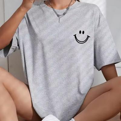 TEMU Women's Casual Crew Neck T-shirt With Smile , Short Sleeve, Drop Shoulder, Knit Polyester (95%) & Spandex (5%) , Top, 180gsm - Fashion Image