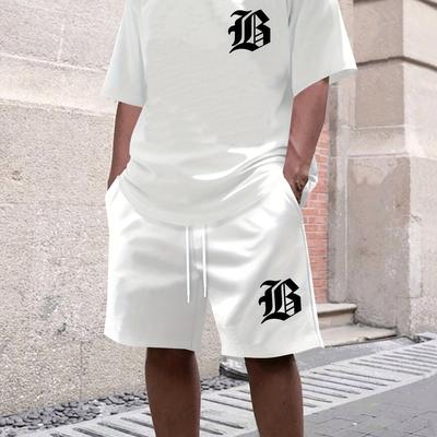 "TEMU Men's Casual And Shorts Set With "b" Print - Polyester Blend, Machine Washable, Summer Streetwear" Image