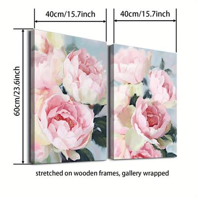 TEMU 2pcs Wood Frame Canvas Print Decorative Painting, Pink Flowers, Soft Tones, Pastel Artwork, Vintage Oil Painting Flower Art,indoor Home Wall Decoration Art Image