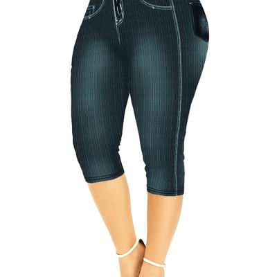 TEMU Women's Stretchy 3/4 Length Printed Leggings - Royal Blue Denim Look, Comfortable Polyester & Spandex Blend, Casual Attire, Spring/summer Beachwear Image