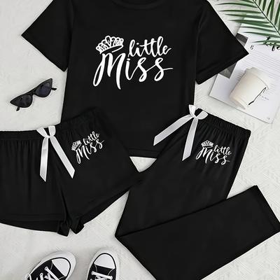 "TEMU 3pcs Women's "" Print Pajama Set, Casual Crew Neck Short Sleeve Top With Matching Shorts And Pants, Comfortable Polyester Knit Fabric, For Sleepwear" Image