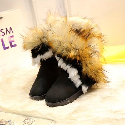 TEMU 1pr Women's Winter Warm Flannel-lined Fur Trim Ankle Boots - Casual Solid Color Slip-on Round Toe Flat Heel Platform Boots With Rubber Sole For Image
