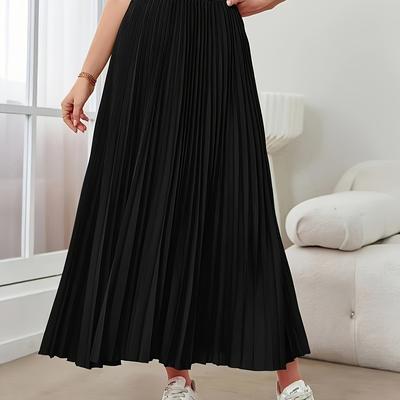 TEMU Elegant High-waisted Pleated Midi Skirt - Black, Polyester Blend With Elastane For & Stretch, Machine Washable, Versatile Style, Cute Skirts Image