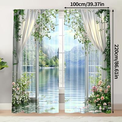 TEMU 2pcs, Curtain Minimalist Curtains Oil Painting Inspired Versatile 100% Polyester Sheer Curtain , And Room Darkening Functions Ldeal For Kitchen Living Room Office Bedroom Home Decor Image