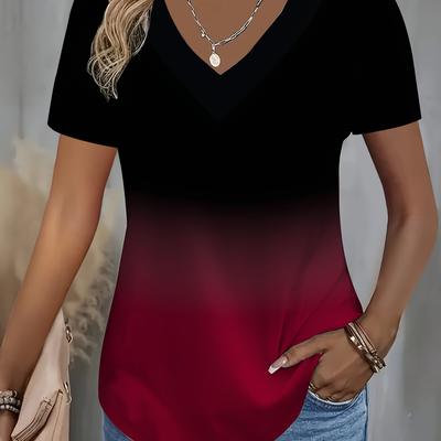 TEMU Women's Elegant Gradient Wine V-neck T-shirt, Fashionable Short Sleeve, 3d Print, Casual Top For All , Ladies T Shirts Image