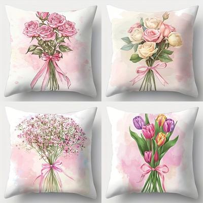 TEMU 1pc/4pcs Aesthetic Pink Bouquet Pattern Single Side Decor Sofa Pillow Cover Square Polyester Pillow Cover Modern Sofa Decor Cushion Cover Image