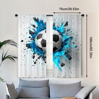 TEMU 2pcs Soccer Print Art Deco Curtains Printed Curtains, For Bedroom, Office, Kitchen, Living Room And Study, Rod Pocket Window For Home Decor And Room Decor (without Rod) Image