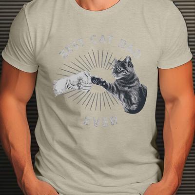 "TEMU Best Cat Dad Ever" Plus Size Men's T-shirt - Casual Polyester, & Cat Graphic, Crew Neck, Short Sleeve, Summer Tee, Machine Washable, Cat Dad Gifts, Plus Size" Image