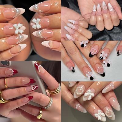 TEMU Enhance Romance With 120pcs Medium-long Nail Set, Three-dimensional Heart Bow Cartoon Bear Black And White French Gradient Full Coverage Fake Nail Stickers Gift For Women And S Image