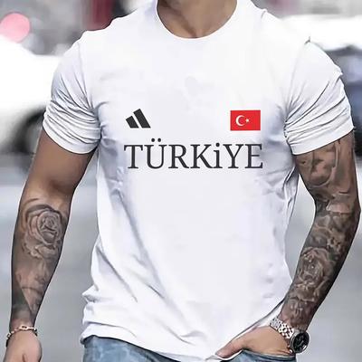 TEMU Creative Turkish For Men', Featuring A Trendy Print Pattern. Men's Round Neck Short Sleeve T-shirt, Vacation Camping And Casual Wear, Ideal For Comfortable Summer . Image