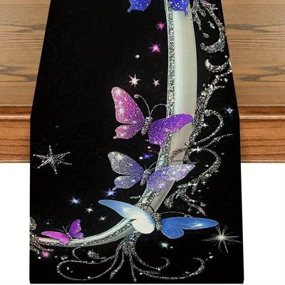 TEMU 1pc Glittering And Stars Table Runner, Purple And Blue Theme, Polyester 100%, Woven, For Home Decor, Dining, Kitchen, Living Room, Office, , Gathering, Outdoor Events, Birthday Party Image